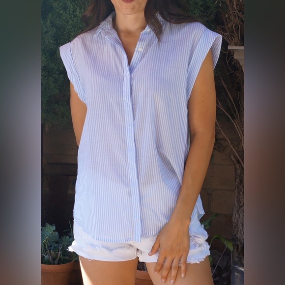 Tops - Striped Cap Sleeve Button Down Summer Top